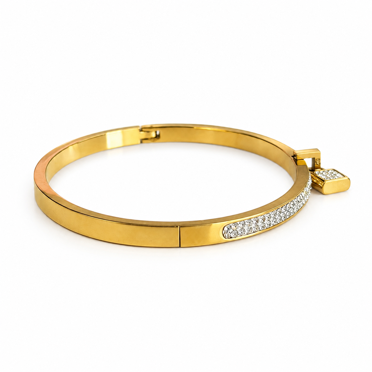 Gold Tone Lock Crystal Bangle