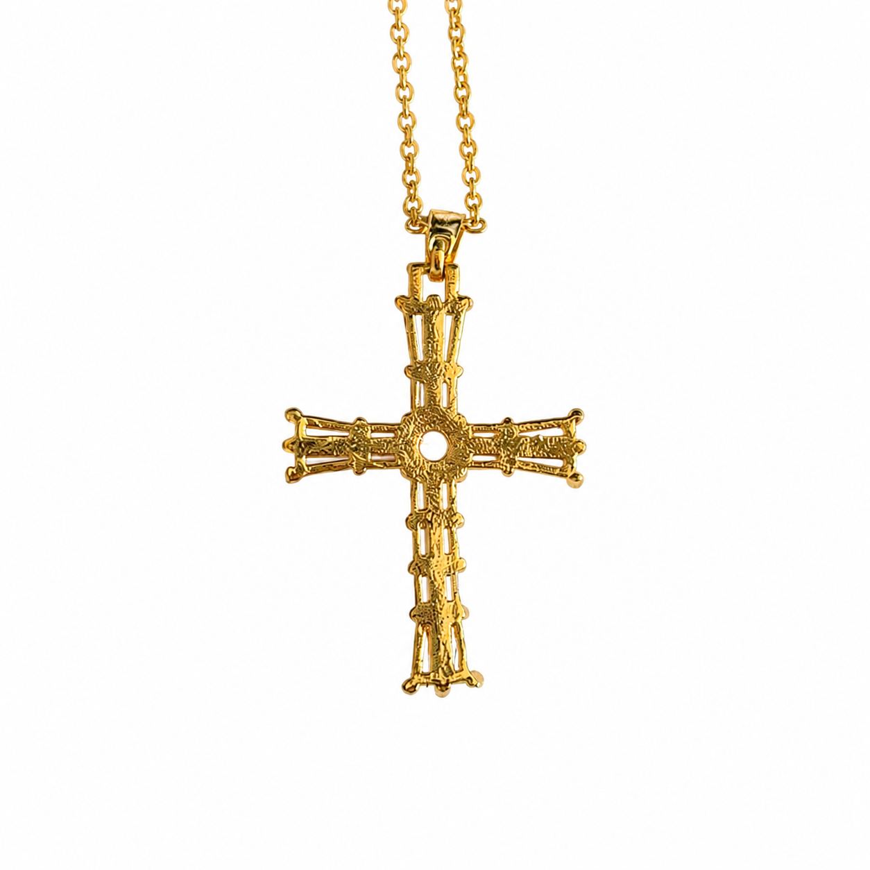 Gold Tone Radiant Baguette Crystal Cross Necklace