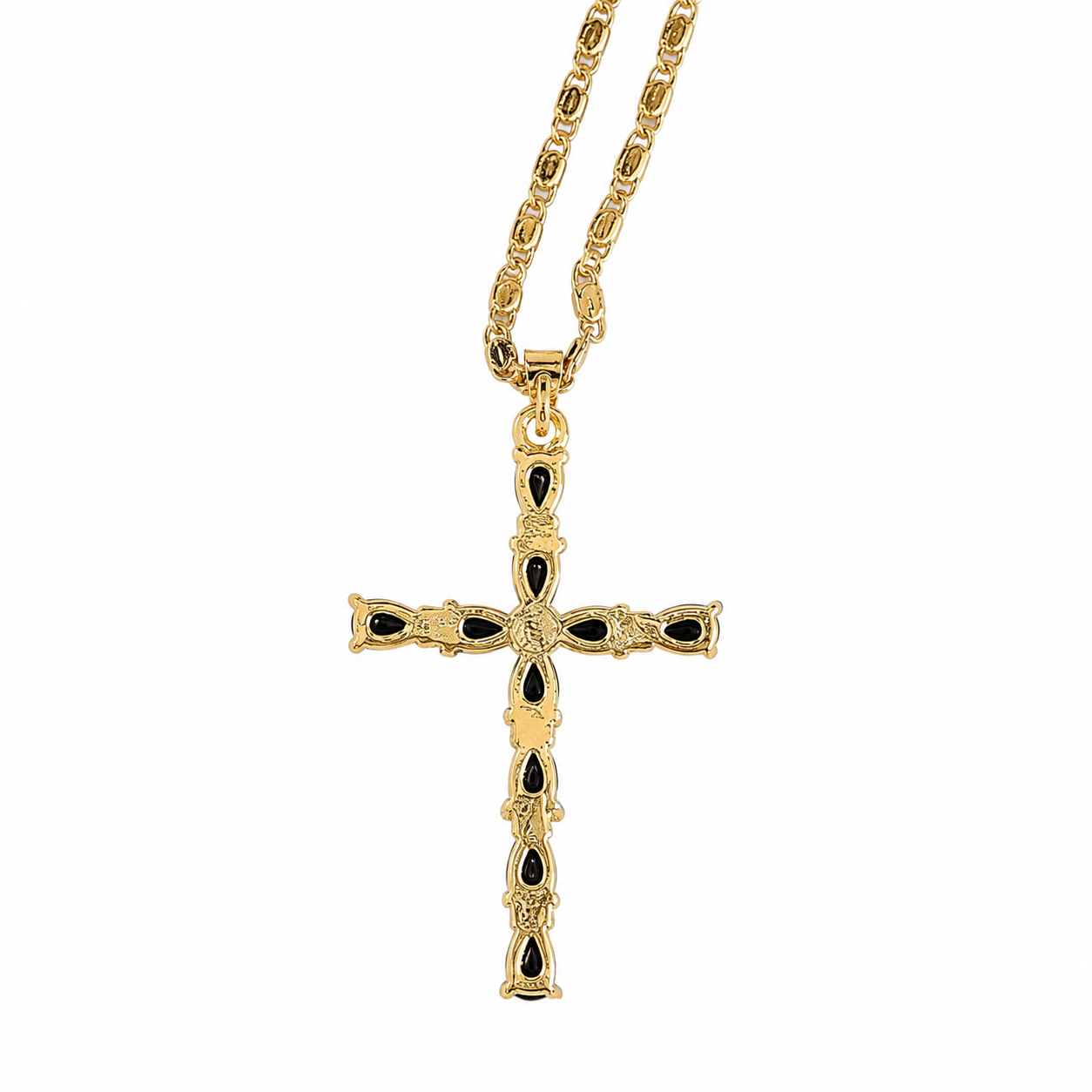 Gold Tone Midnight Teardrop Cross Pendant Necklace