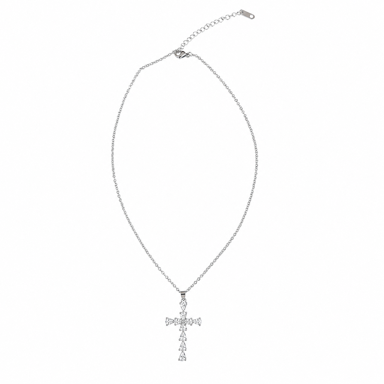 Cubic Zirconia Pear Cut Cross Pendant Necklace Silver
