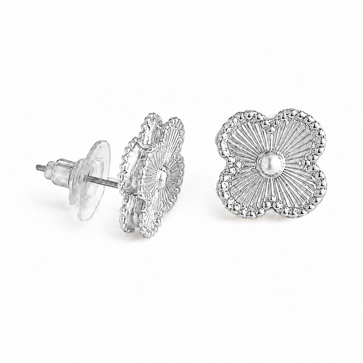 Silver Four-Leaf Clover Stud Earrings