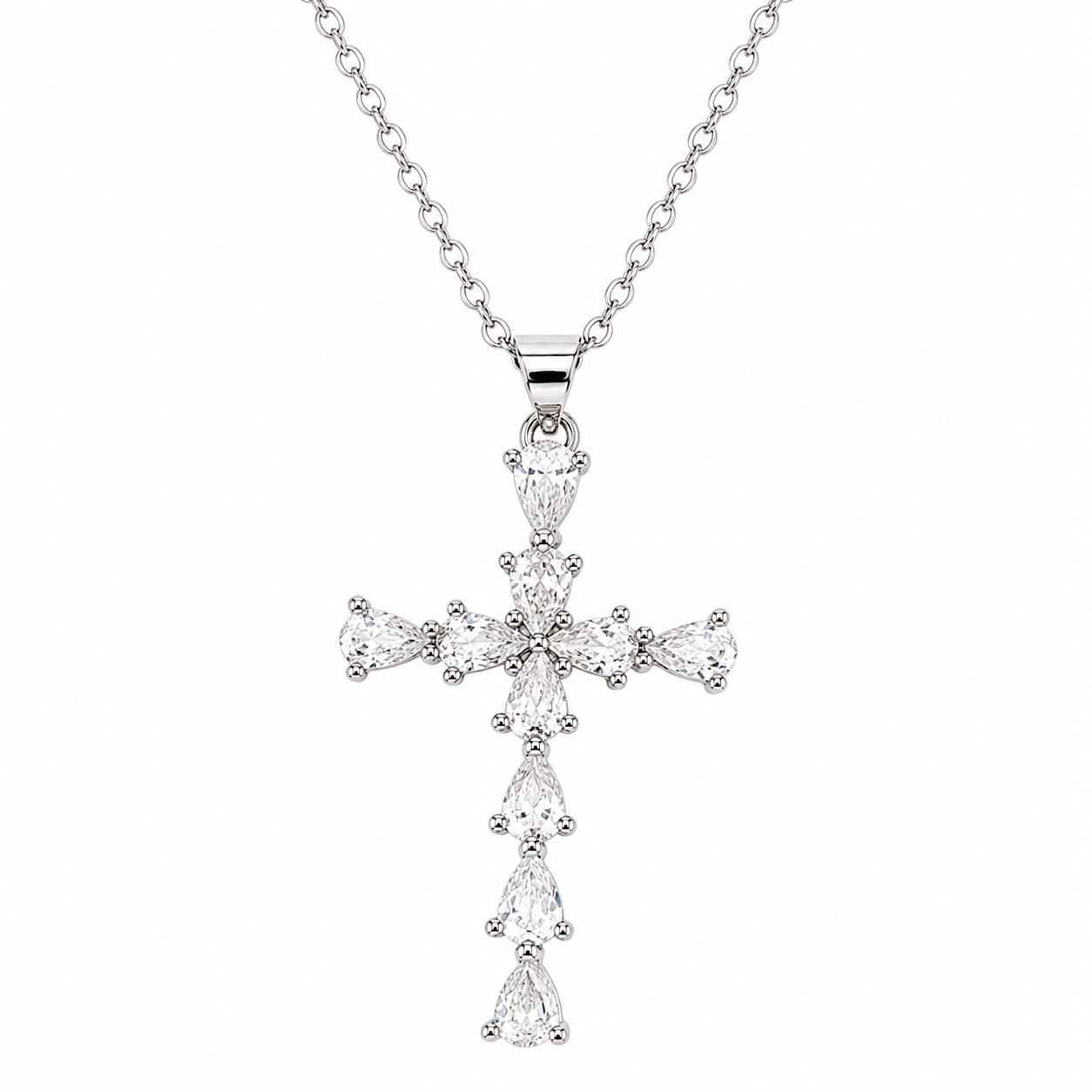 Cubic Zirconia Pear Cut Cross Pendant Necklace Silver