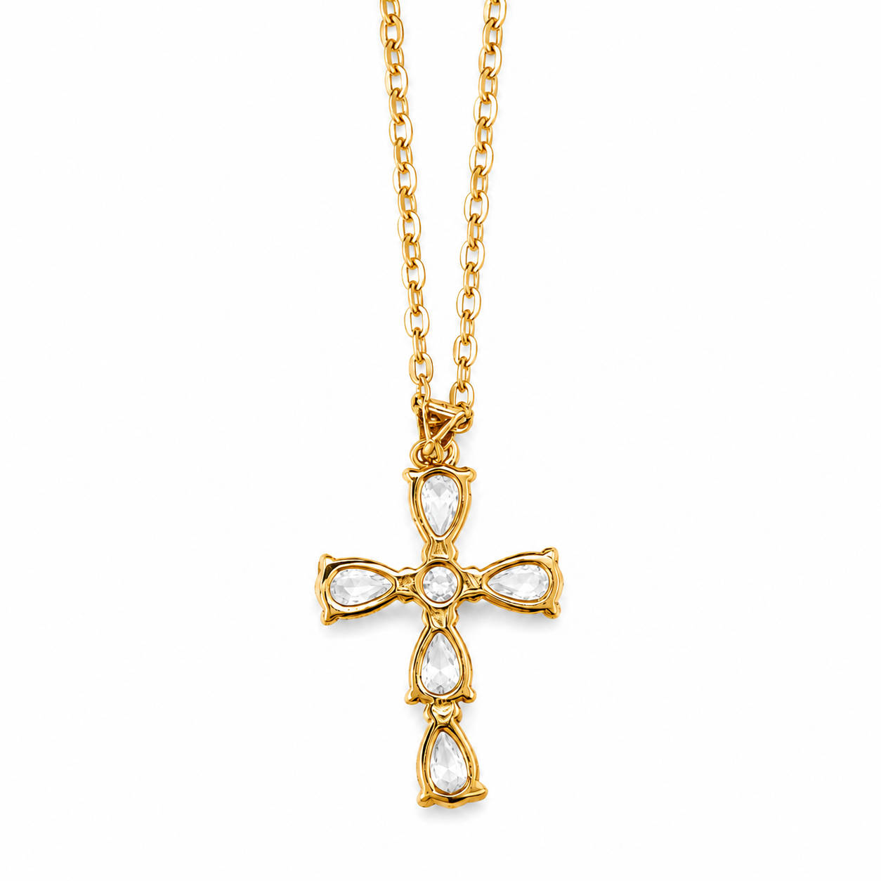 Gold Tone Cubic Zirconia Teardrop Cross Pendant Necklace