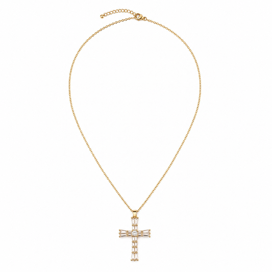 Gold Tone Radiant Baguette Crystal Cross Necklace