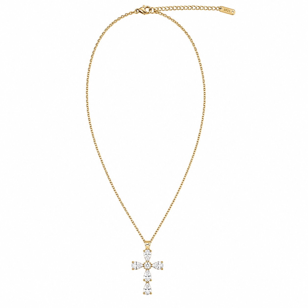 Gold Tone Cubic Zirconia Teardrop Cross Pendant Necklace