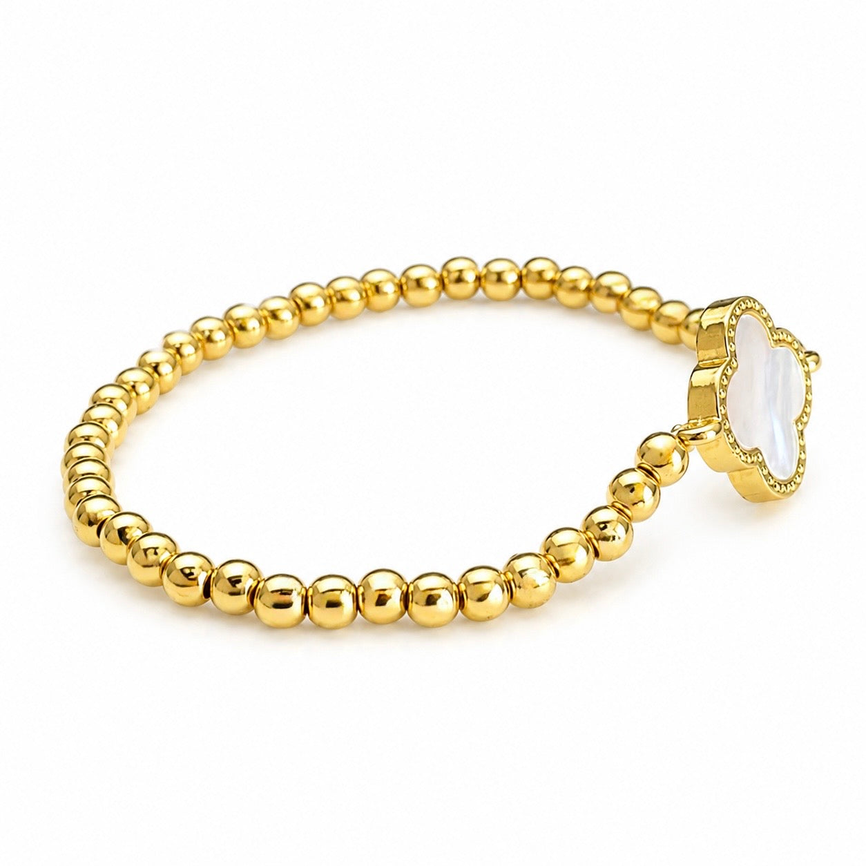 Gold Beaded Mother Of Pearl Clover Bracelet