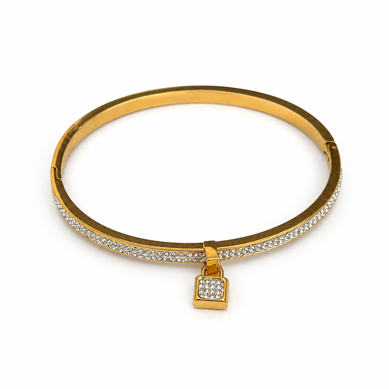 Gold Tone Lock Crystal Bangle