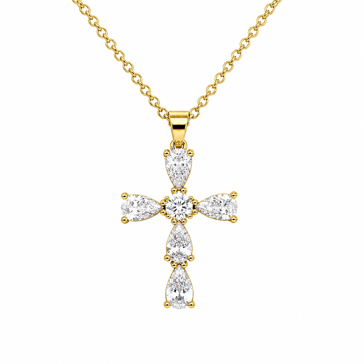 Gold Tone Cubic Zirconia Teardrop Cross Pendant Necklace