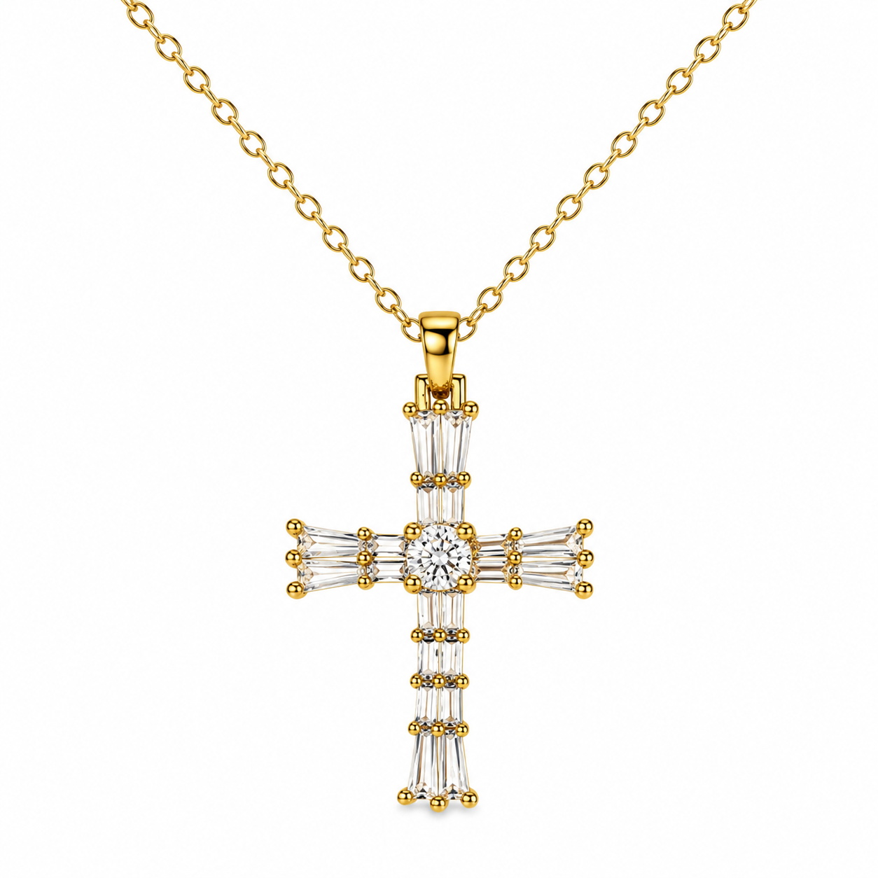 Gold Tone Radiant Baguette Crystal Cross Necklace