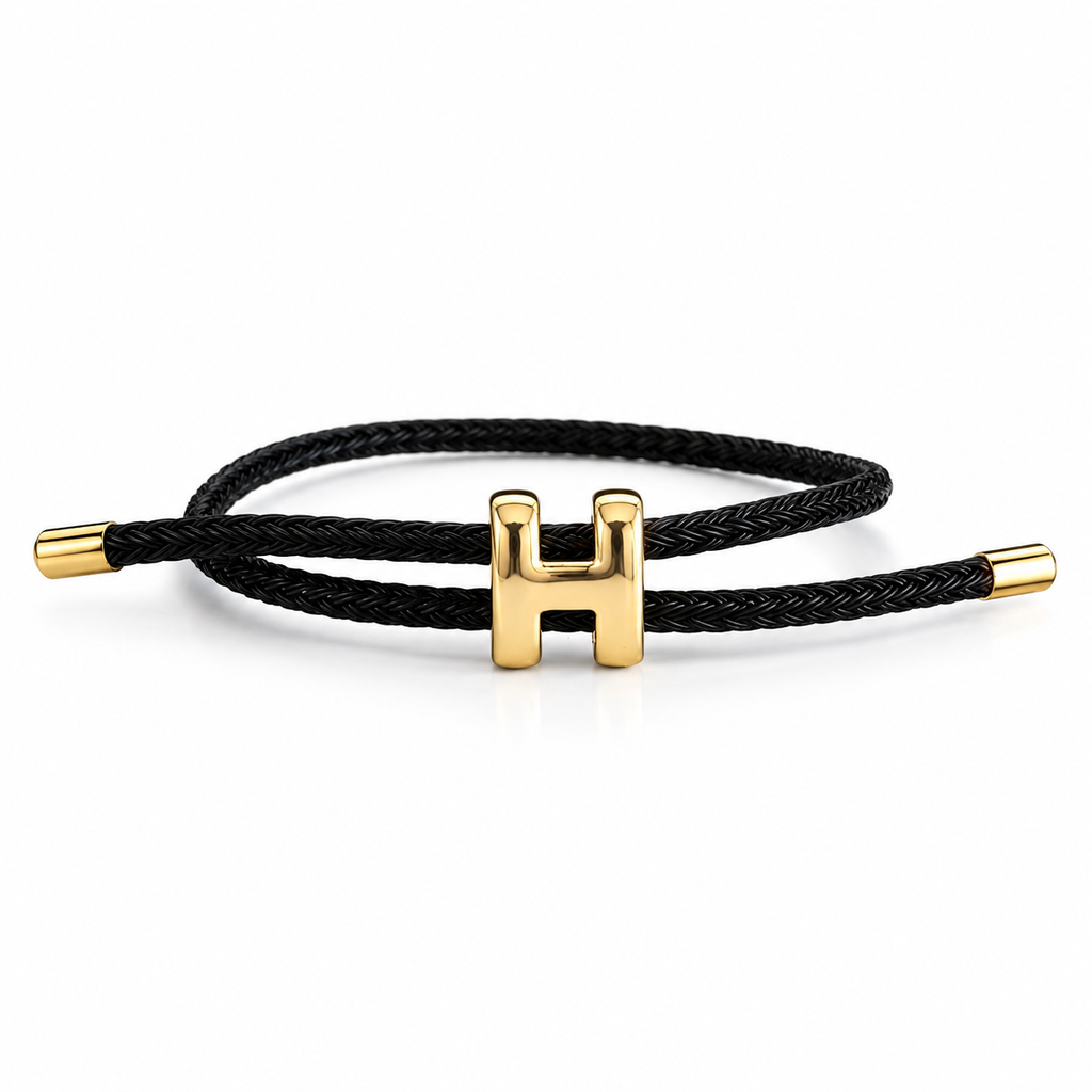Black Braided Cord H Charm Adjustable Bracelet