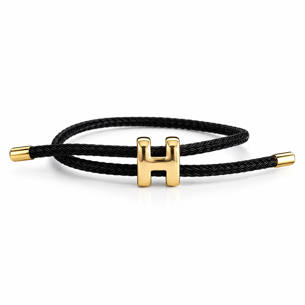Black Braided Cord H Charm Adjustable Bracelet