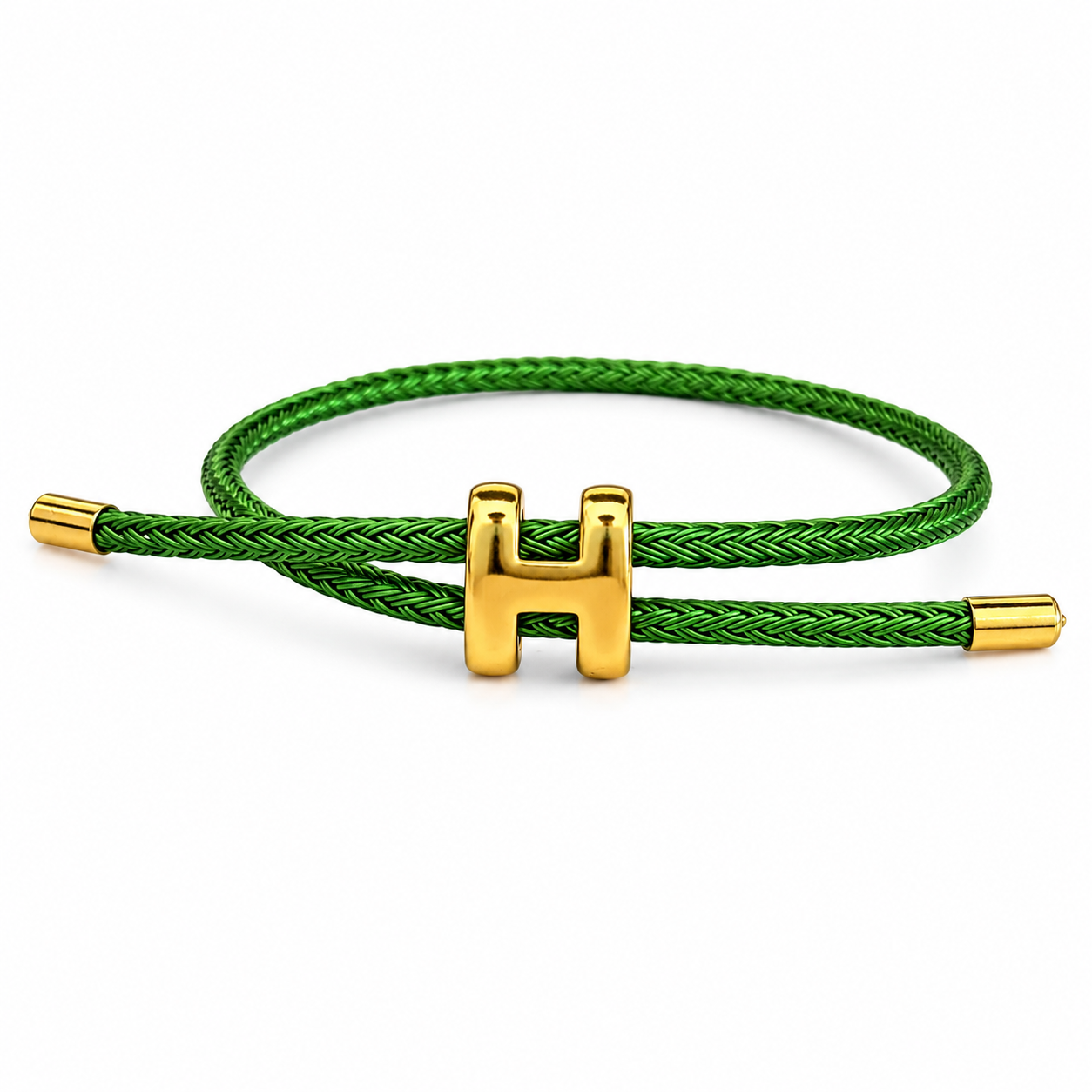 Green Braided Cord H Charm Adjustable Bracelet