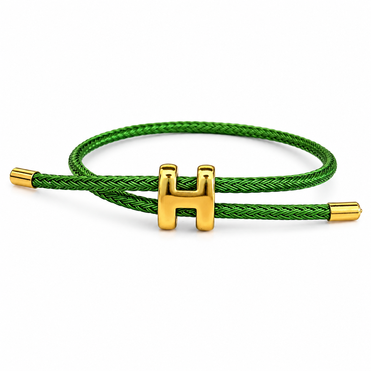 Pulsera ajustable con dije de letra H y cordón trenzado verde