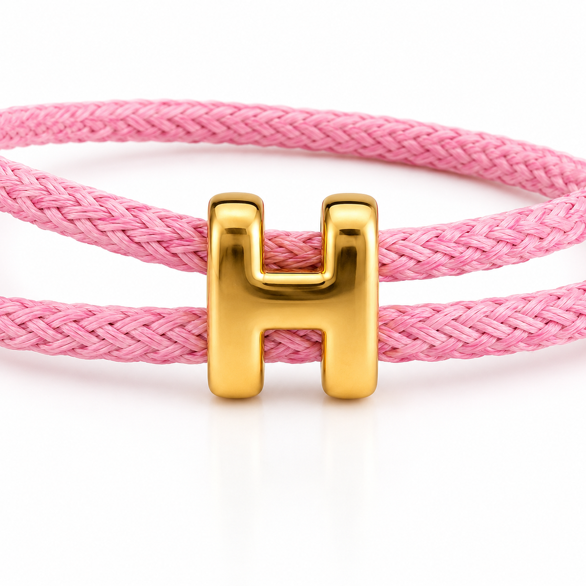 Pink Braided Cord H Charm Adjustable Bracelet