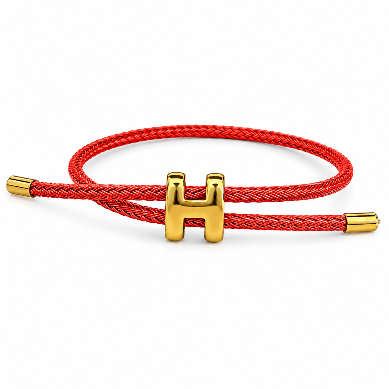 Coral Braided Cord H Charm Adjustable Bracelet