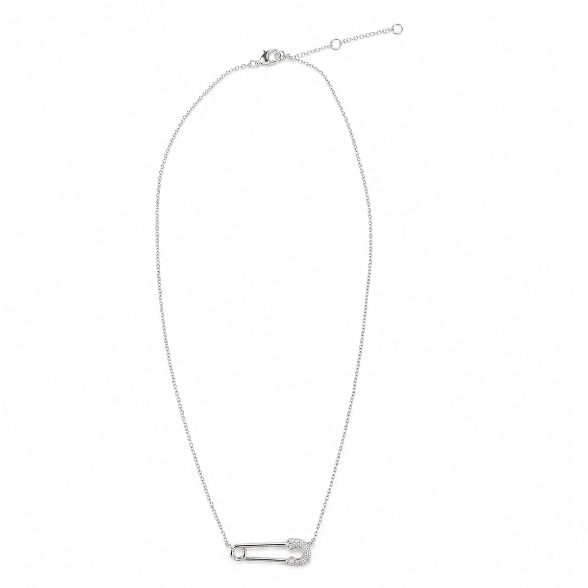 Silver Tone Crystal Safety Pin Pendant Necklace