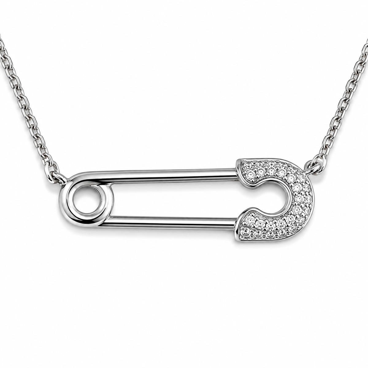 Silver Tone Crystal Safety Pin Pendant Necklace