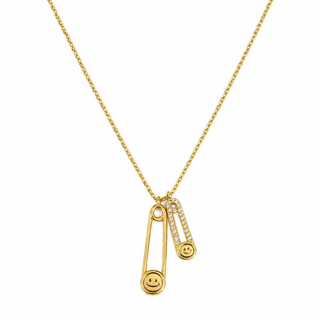 Gold Smiley Safety Pin Pendant Necklace
