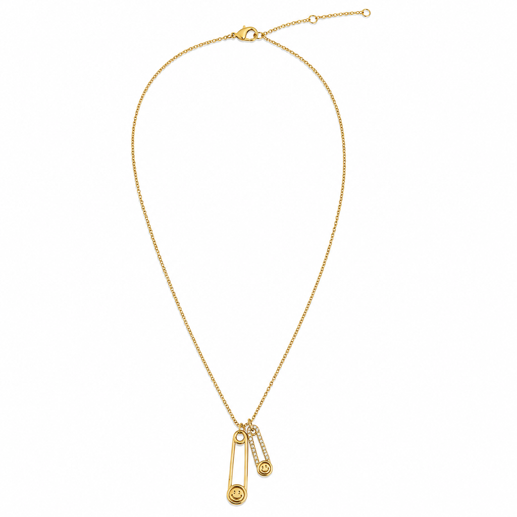 Gold Smiley Safety Pin Pendant Necklace