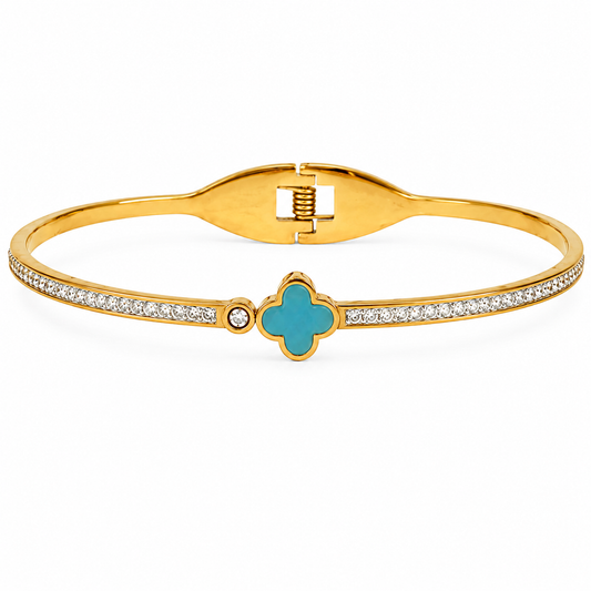 Gold Teal Clover Pave Cubic Zirconia