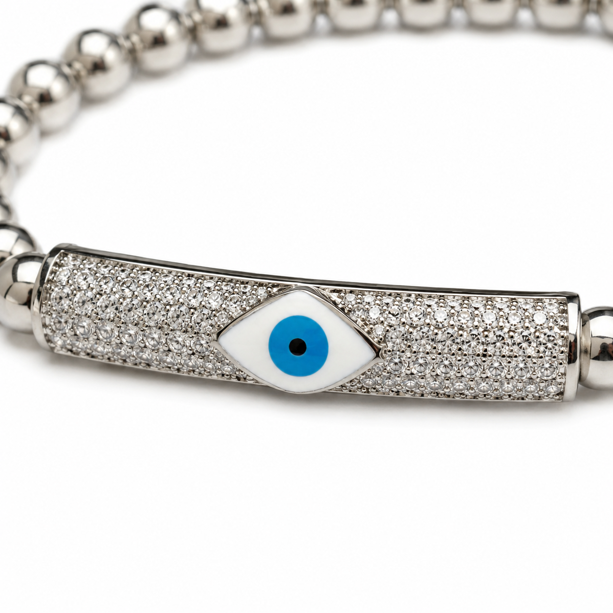 Silver Plated Stretch Ball Beaded Evil Eye Bracelet