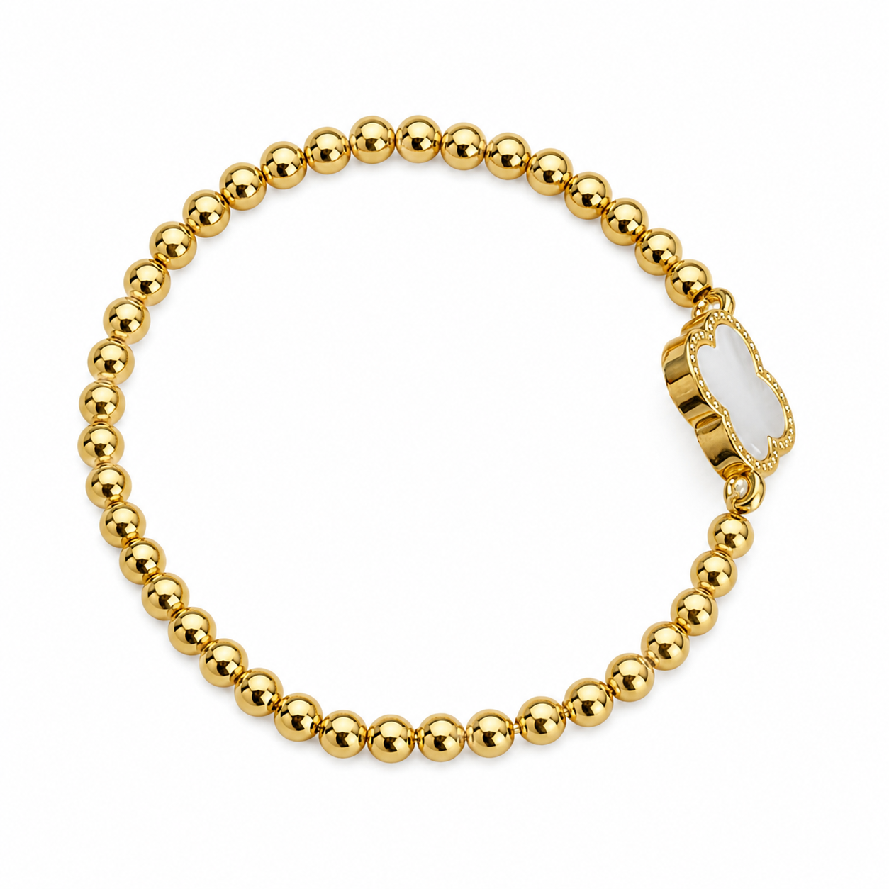Gold Beaded Mother Of Pearl Clover Bracelet