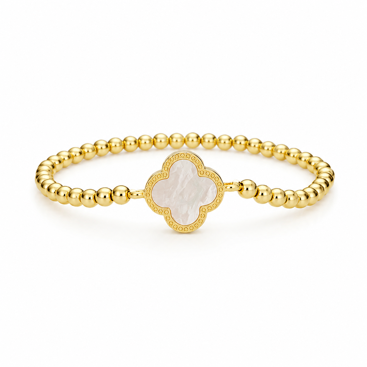 Gold Beaded Mother Of Pearl Clover Bracelet