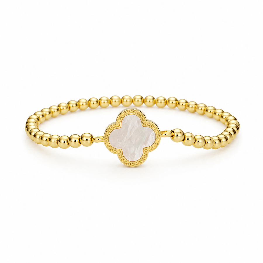 Gold Beaded Mother Of Pearl Clover Bracelet