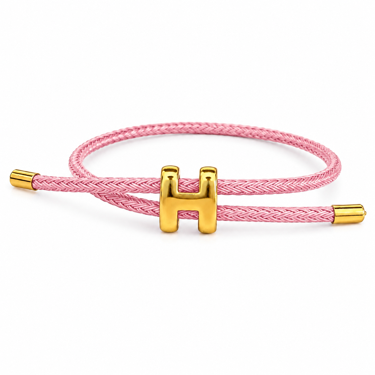 Pink Braided Cord H Charm Adjustable Bracelet