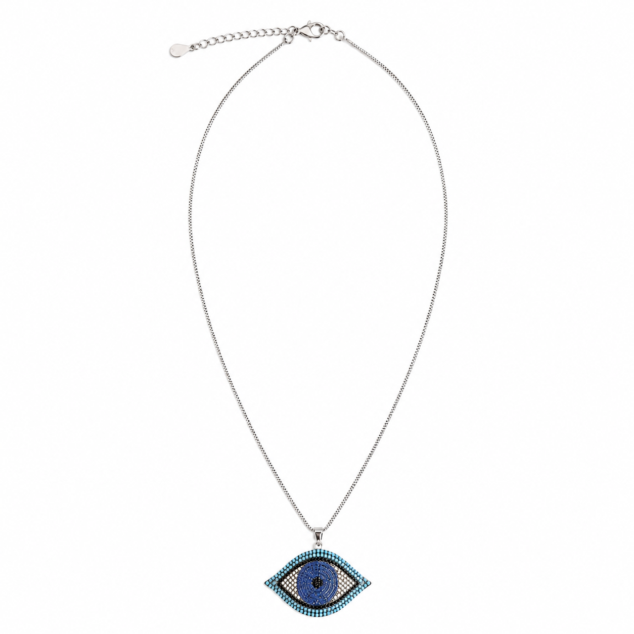 Silver Tone Pave Cubic Zirconia Evil Eye Pendant Necklace