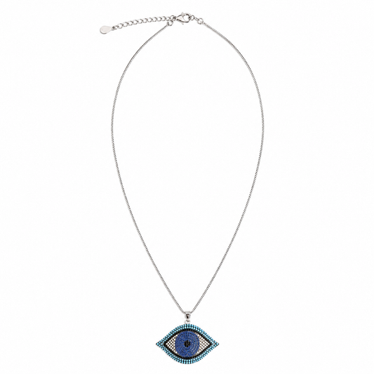 Silver Tone Pave Cubic Zirconia Evil Eye Pendant Necklace