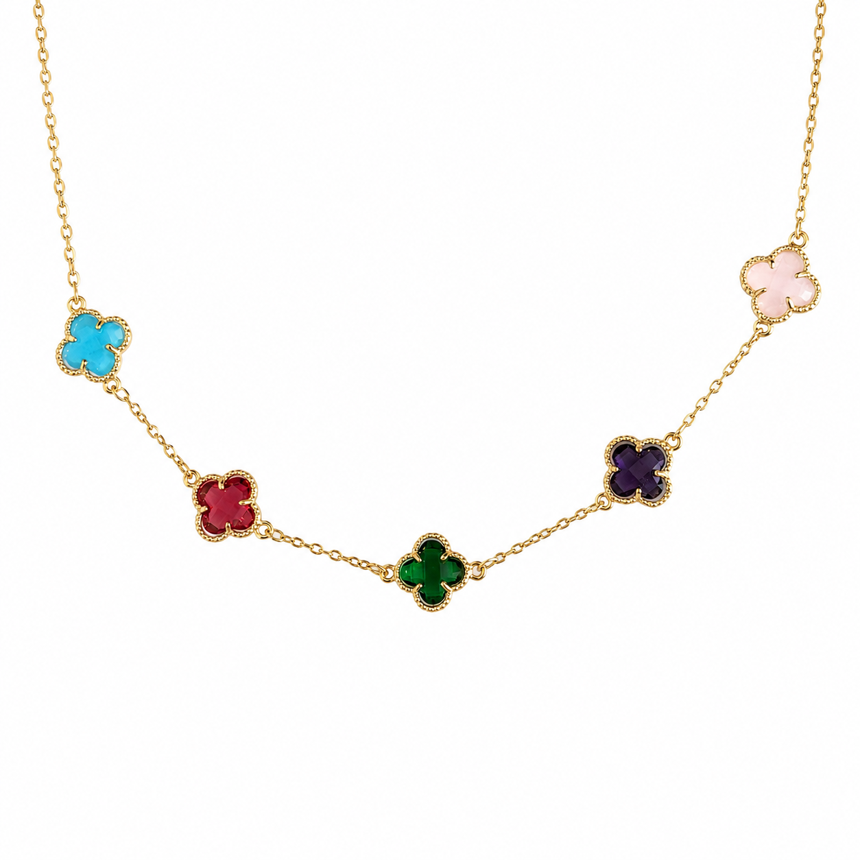 Gold Tone Rainbow Meadow Clover Station Necklace