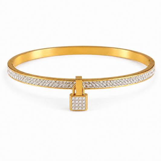 Gold Tone Lock Crystal Bangle