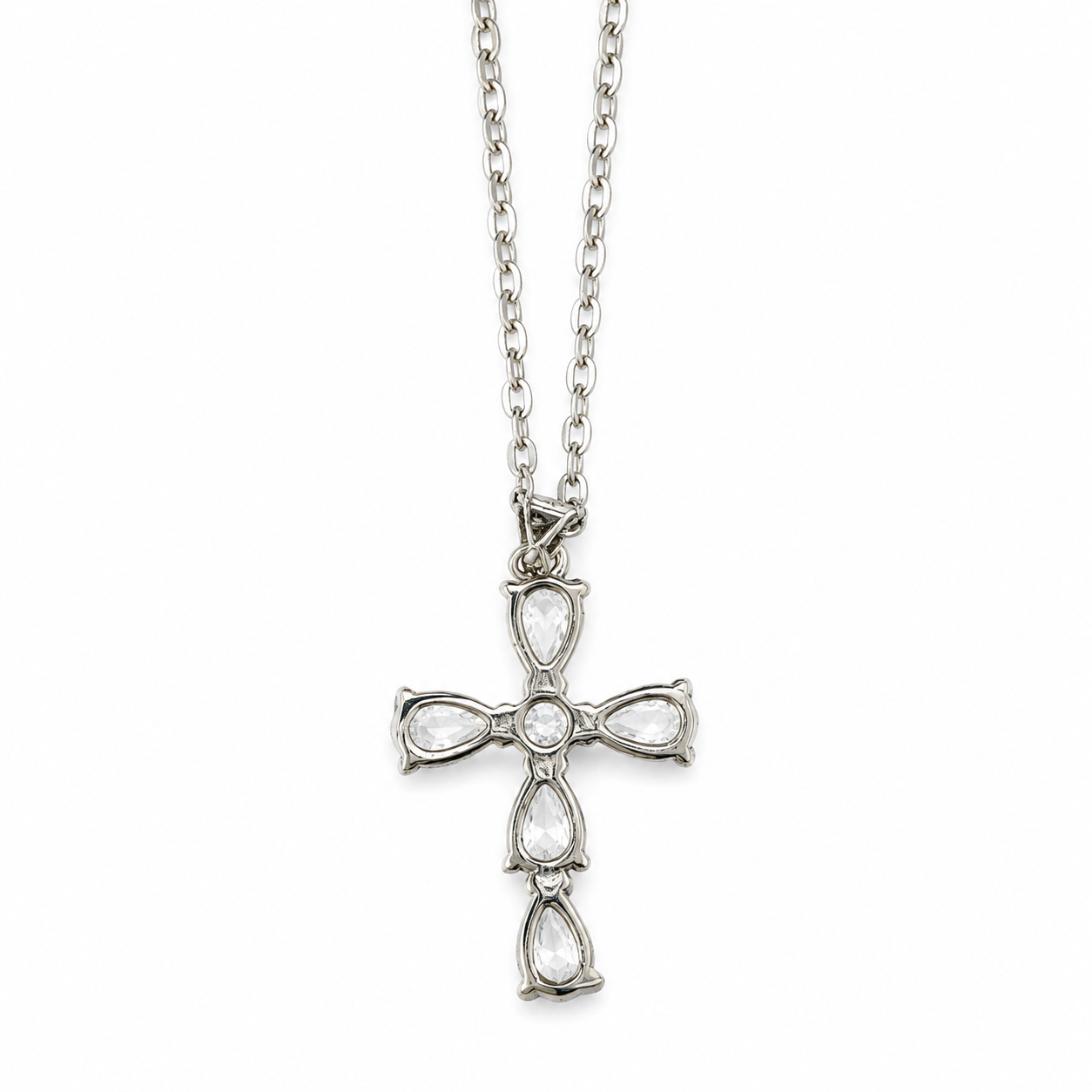 Cubic Zirconia Teardrop Cross Pendant Necklace Silver