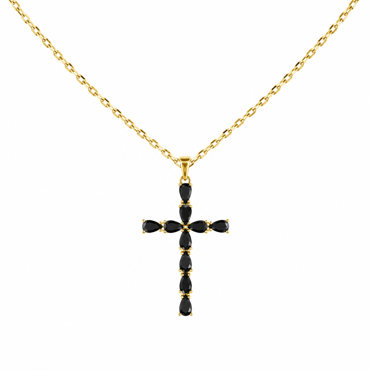Gold Tone Midnight Teardrop Cross Pendant Necklace