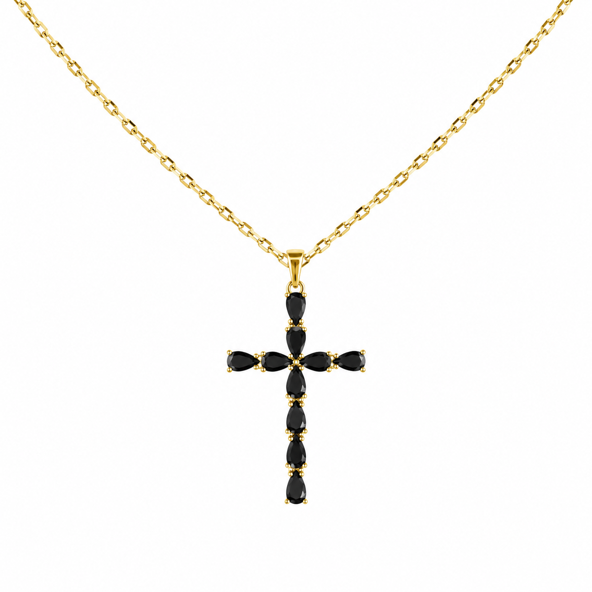 Collar con dije de cruz en forma de lágrima en tono dorado medianoche
