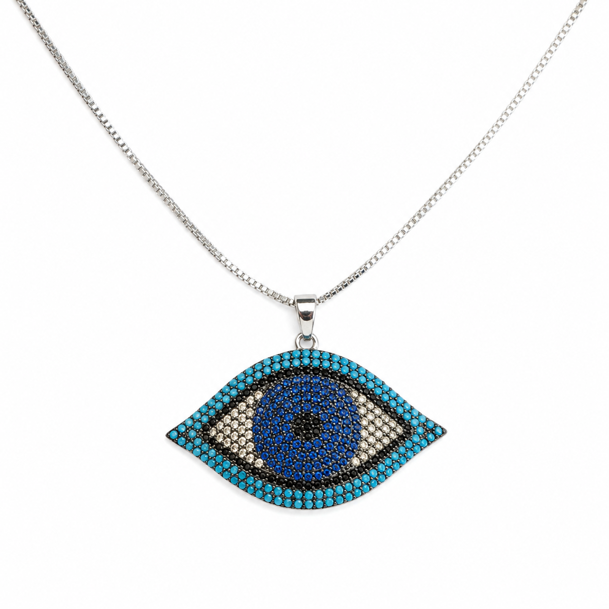 Silver Tone Pave Cubic Zirconia Evil Eye Pendant Necklace