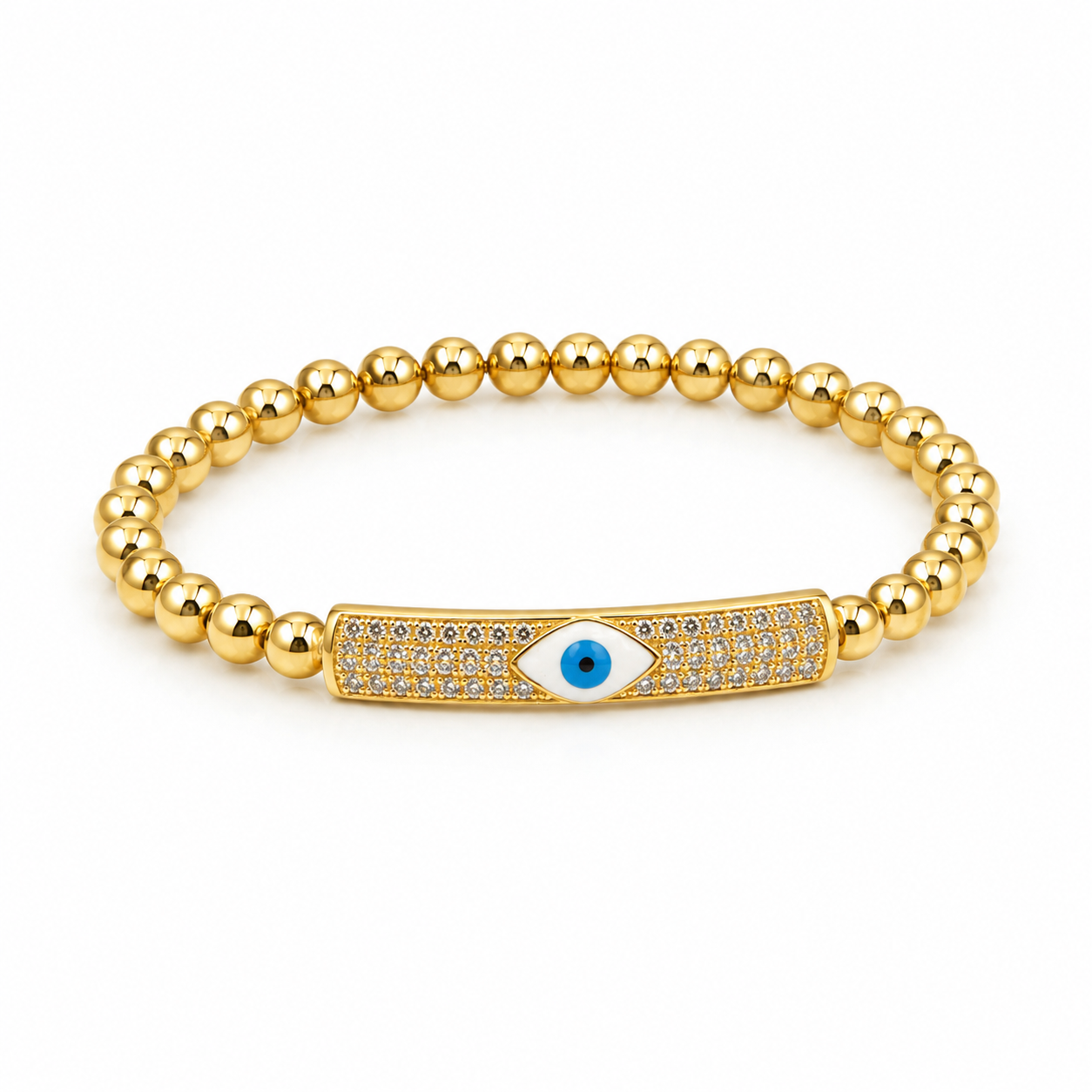 Gold Plated Stretch Ball Beaded Evil Eye Bracelet