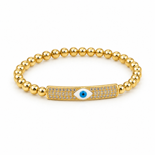 Gold Plated Stretch Ball Beaded Evil Eye Bracelet