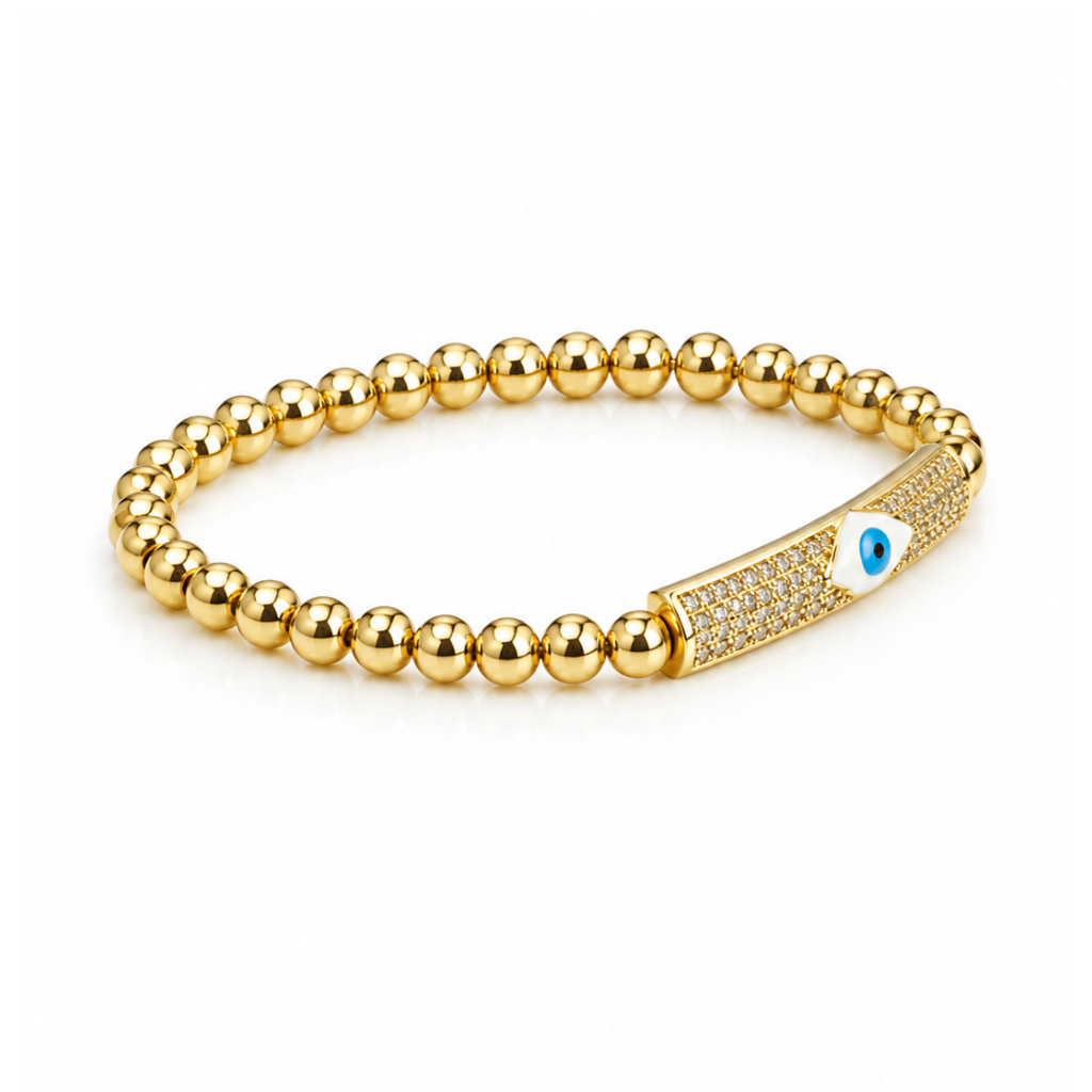 Gold Plated Stretch Ball Beaded Evil Eye Bracelet