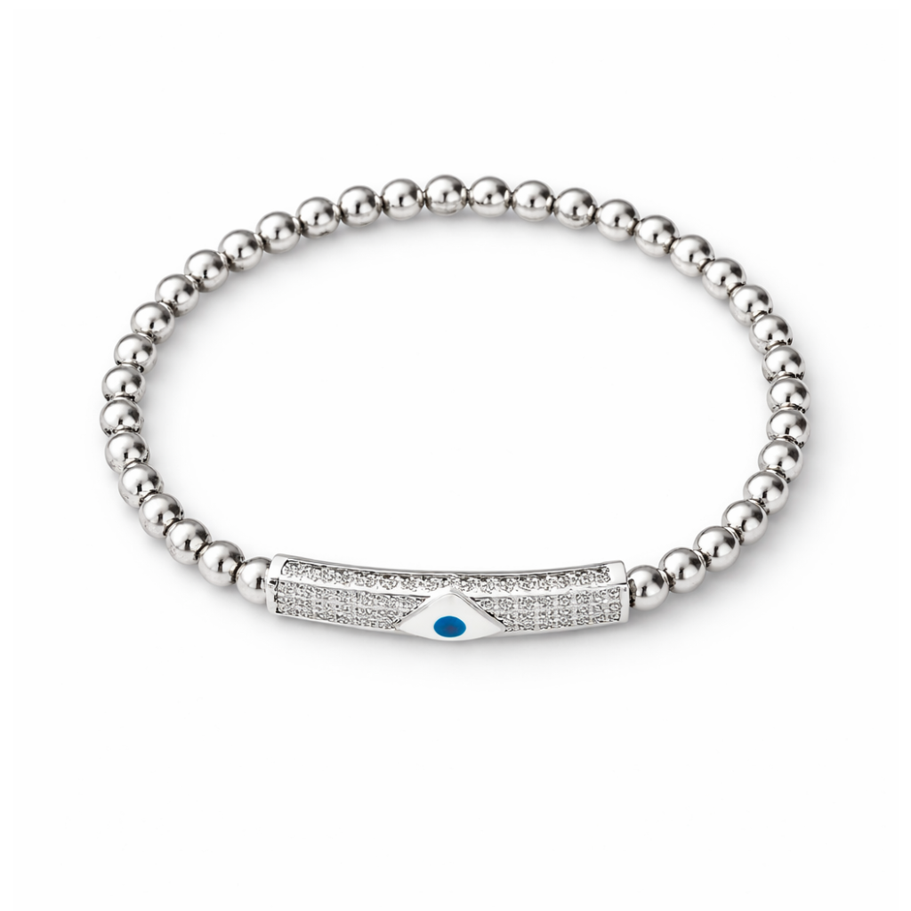 Silver Plated Stretch Ball Beaded Evil Eye Bracelet