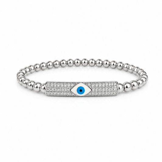Silver Plated Stretch Ball Beaded Evil Eye Bracelet