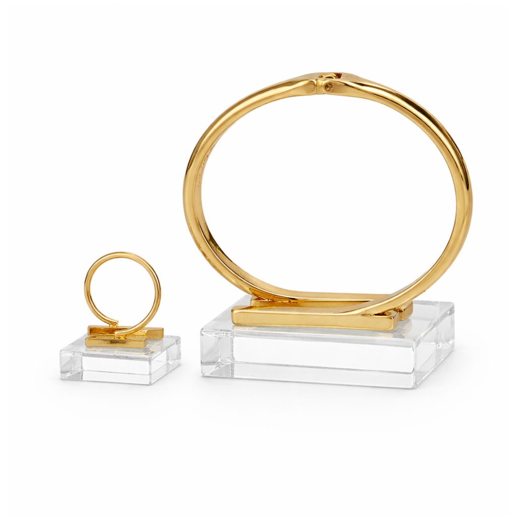 Gold Metal Geometric Open Cuff Bracelet and Ring Set
