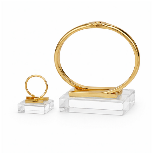 Gold Metal Geometric Open Cuff Bracelet and Ring Set