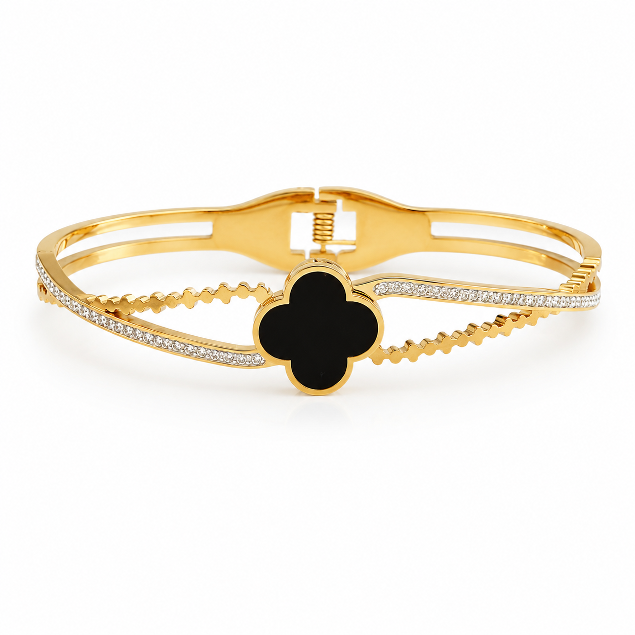 Gold Black Clover Quatrefoil Pointed Stone Pave Bracelet