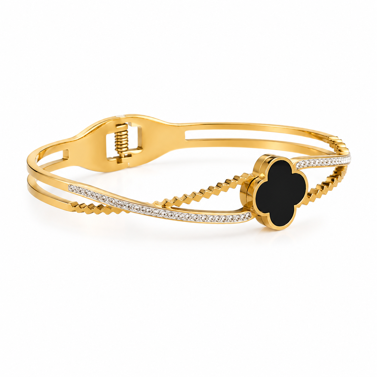 Gold Black Clover Quatrefoil Pointed Stone Pave Bracelet
