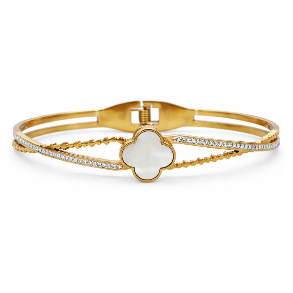 Gold White Mother of Pearl Clover Quatrefoil Pointed Stone Pave Bracelet