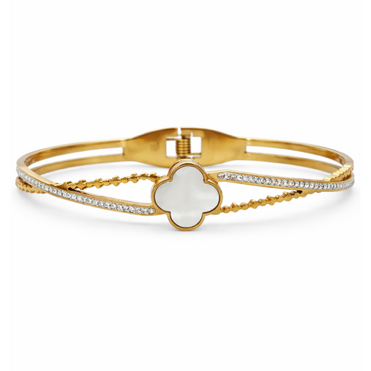 Gold White Mother of Pearl Clover Quatrefoil Pointed Stone Pave Bracelet