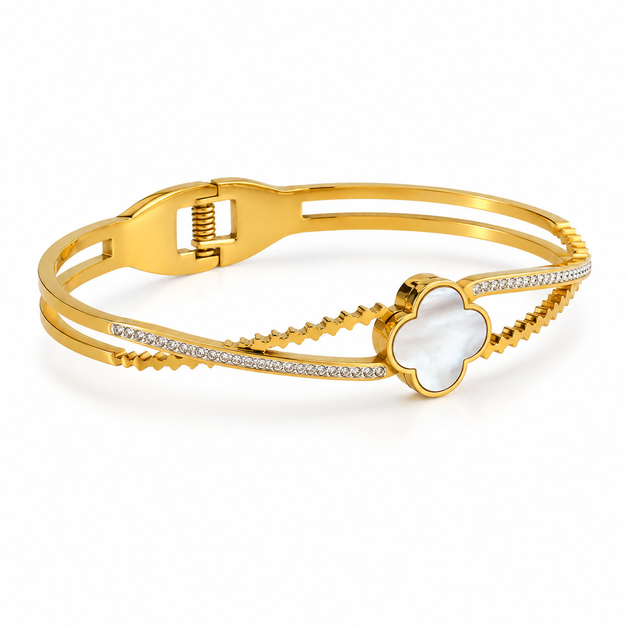Gold White Mother of Pearl Clover Quatrefoil Pointed Stone Pave Bracelet