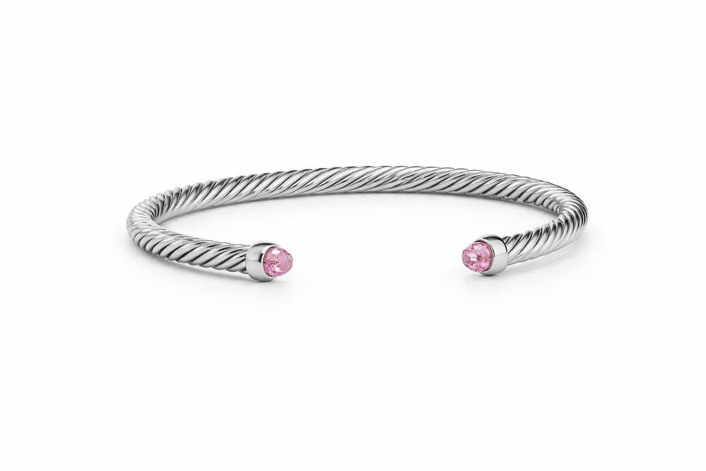 Pulsera Cablespira de plata con cúpulas de morganita